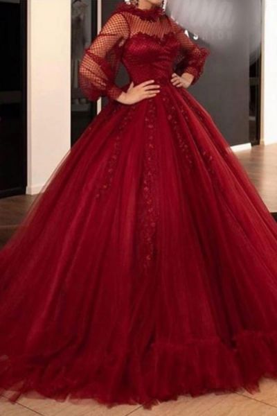 Ball Gown Jewel Neck Long Sleeves Floor-length Tulle Evening Gown With Appliques