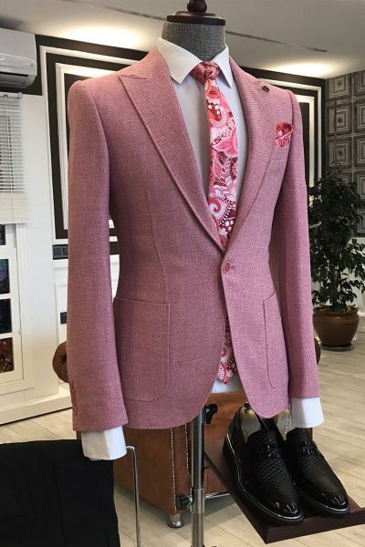 Rock Pink Slim Fit Prom Suit with Peaked Lapel