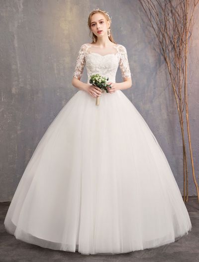 Half-Sleeves Floor-length Lace Wedding Dress With Lace