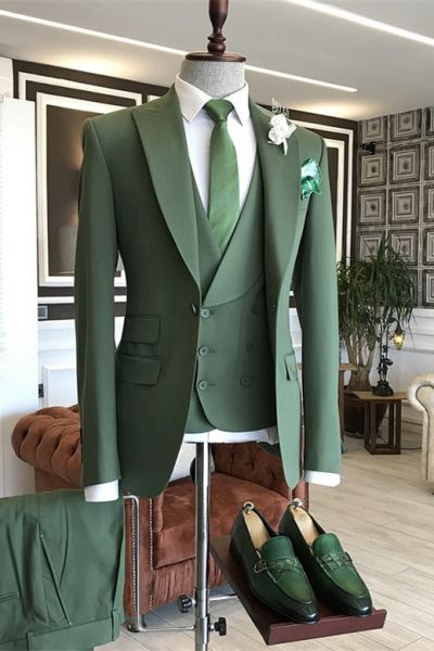 Green Three Piece Slim Fit Peaked Lapel Men's Suit