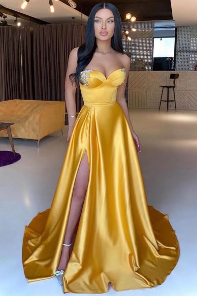 A-line Strapless Sweetheart Neck Sleeveless Floor-length Stretch Satin Formal Dress With Ruffles