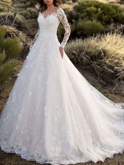 A-line V-neck Long Sleeves Sweep / Brush Train Lace Bridal Gown With Lace
