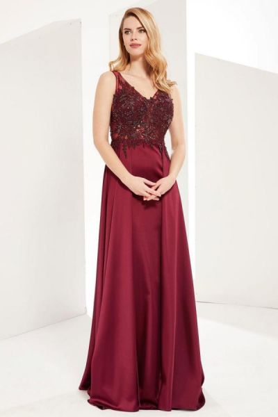 A-line V-neck Sleeveless Sweep / Brush Train Satin Formal Dress With Lace