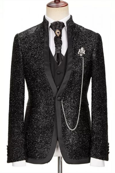 Black Glaring Stand Collar  Three Pieces Prom Suit