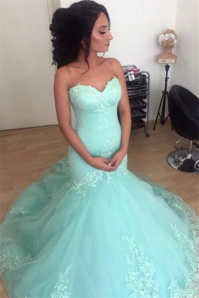 Mermaid Sweetheart Neck Sleeveless Court Train Tulle Evening Dress With Lace