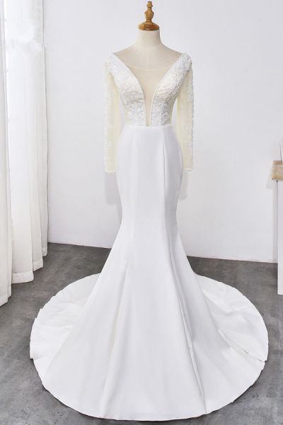 Mermaid Jewel Neck Long Sleeves Floor-length Satin Wedding Gown With Beading