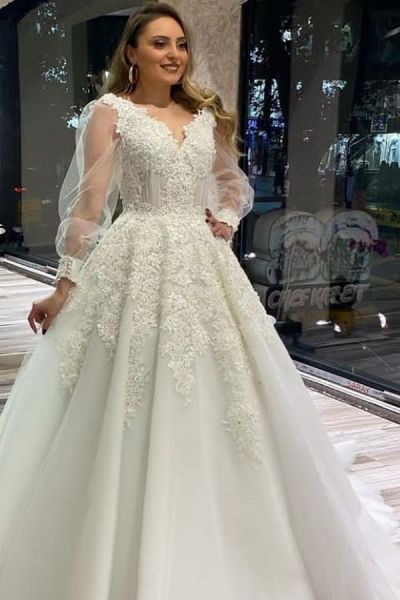A-line V-neck Long Sleeves Court Train Tulle Bridal Gown With Lace