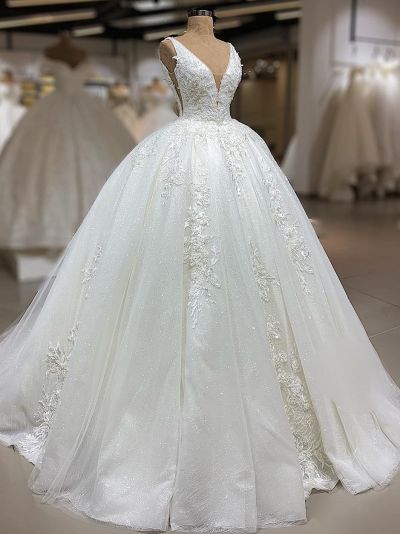 Ball Gown V-neck Cap Sleeves Sweep / Brush Train Wedding Dress With Lace