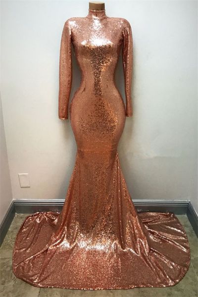 Mermaid High Neck Long Sleeves Court Train Formal Dress With Sequins