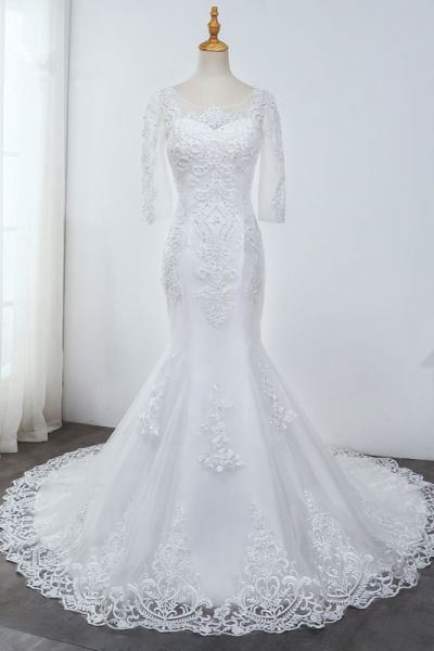 Mermaid Jewel Neck 3/4-Length Sleeves Floor-length Tulle Bridal Dress With Beading