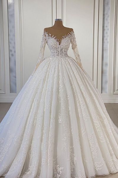 A-line Jewel Neck Long Sleeves Sweep / Brush Train Tulle Wedding Gown With Beading