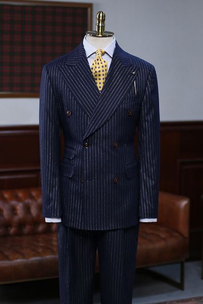 Navy Blue Striped Double Breasted Formal Menswear