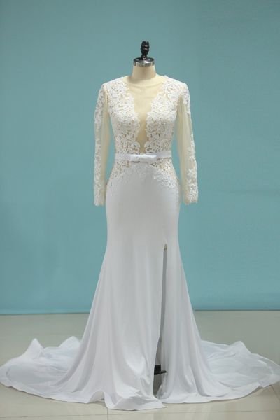 A-line Jewel Neck Long Sleeves Floor-length 100D Chiffon Bridal Gown With Lace