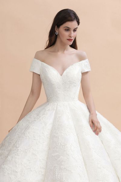 Ball Gown Off-the-shoulder Short Sleeves Floor-length Tulle Wedding Dress With Lace