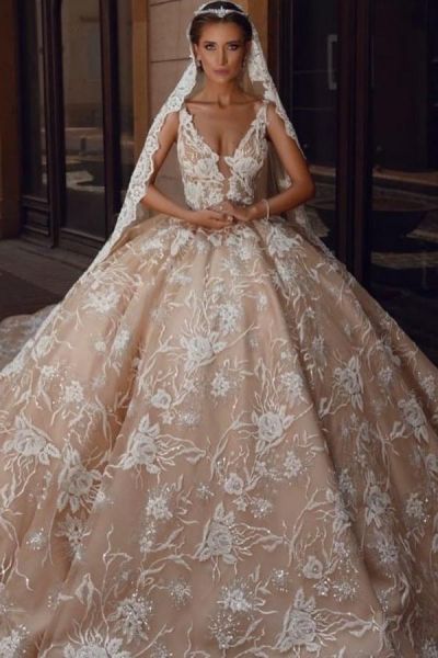 Ball Gown V-neck Sleeveless Cathedral Train Lace Wedding Gown With Lace