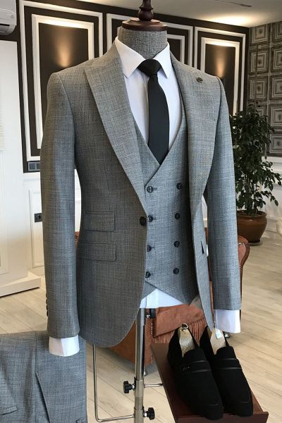 Gray Plaid Single Breasted Formal Menswear