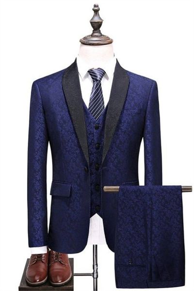 Navy Blue Shawl Lapel Prom Suit