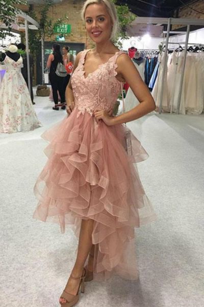 A-line Straps V-neck Sleeveless Hi-Lo Tulle Homecoming Dress With Appliques