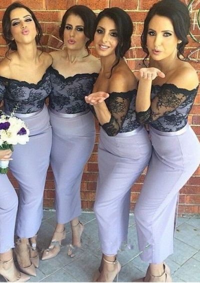 Column Off-the-shoulder Half-Sleeves Tea-length Bridesmaid Attire With Embroidery