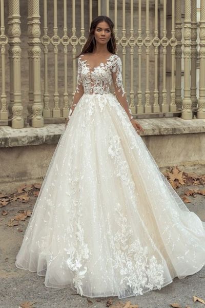 A-line Jewel Neck Long Sleeves Chapel Train Tulle Wedding Gown With Lace