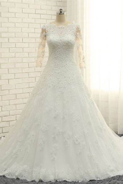 A-line Jewel Neck Half-Sleeves Court Train Wedding Gown With Lace