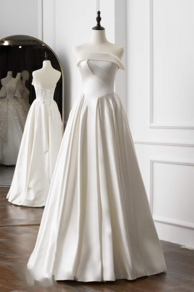 A-line Strapless Sleeveless Floor-length Satin Bridal Attire With Ruffles