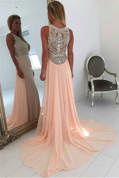 A-line Scoop Neck Sleeveless Court Train 100D Chiffon Evening Dress With Crystal