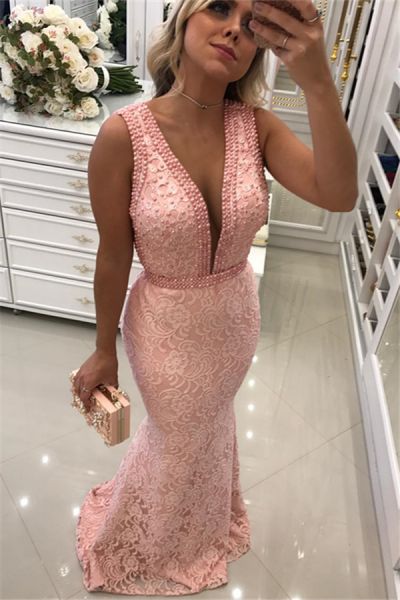 Mermaid V-neck Sleeveless Floor-length Evening Dress With Lace