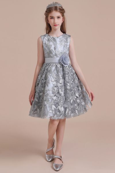 A-line Jewel Neck Sleeveless Knee-length Tulle Flower Girl Dress With Embroidery