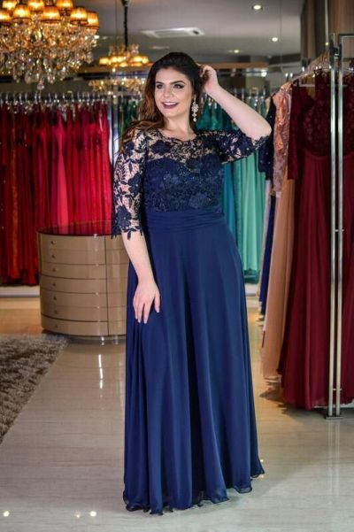 Plus size Half Sleeves Navy Blue Mother of bride Dress | est Round neck Lace Bridesmaid Dress for Summer Wedding