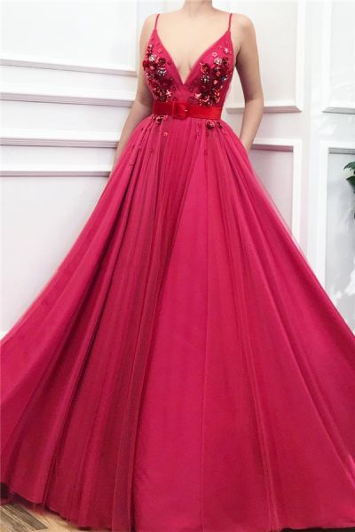 A-line Spaghetti Straps V-neck Sleeveless Floor-length Tulle Formal Wear With Pearls