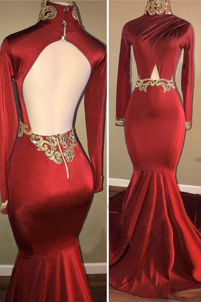 Long Sleeves High Neck Mermaid Prom Dress with Hollow Back