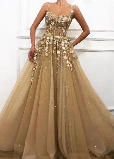 A-line Spaghetti Straps Sleeveless Sweep / Brush Train Wedding Gown With Flower(s)