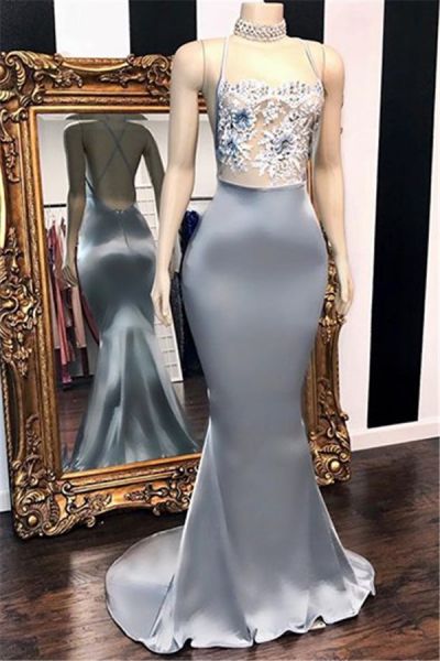 Mermaid Spaghetti Straps Sleeveless Court Train Stretch Satin Evening Dress With Appliques