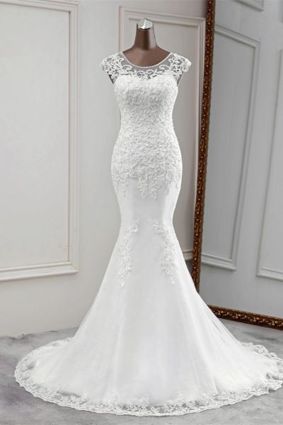 Mermaid Jewel Neck Sleeveless Floor-length Lace Bridal Dress With Beading