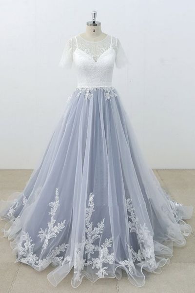 A-line Jewel Neck Short Sleeves Floor-length Tulle Bridal Dress With Lace
