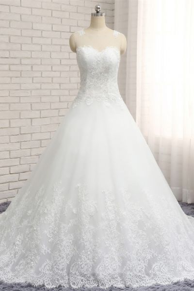 A-line Jewel Neck Sleeveless Floor-length Tulle Wedding Dress With Appliques