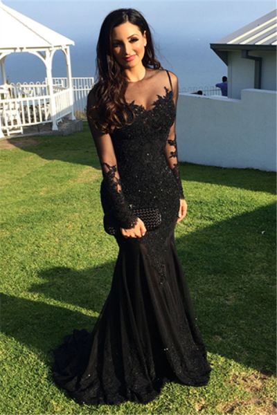 Long-Sleeve Black Prom Dress with Mermaid Silhouette and Applique Tulle