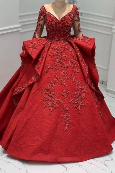 Ball Gown V-neck Long Sleeves Sweep / Brush Train Satin Evening Dress With Beading