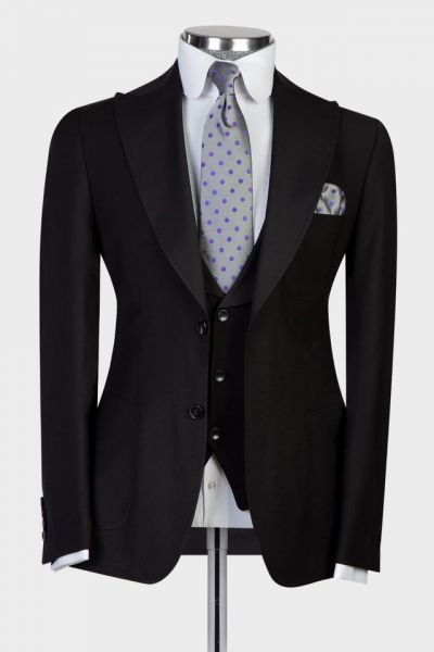 Black Two Buttons Peaked Lapel Business Men Suit