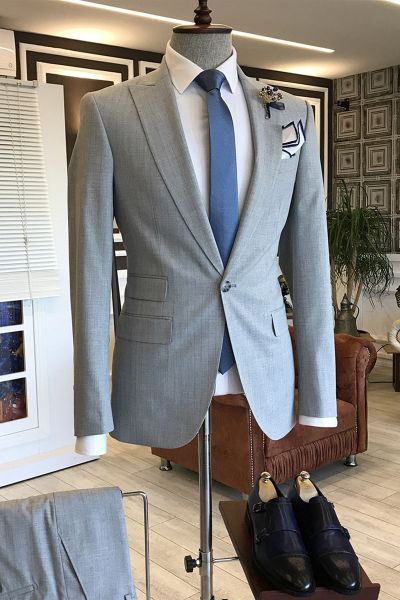 Light Grey Single Breasted Business Men Suit with Peaked Lapel
