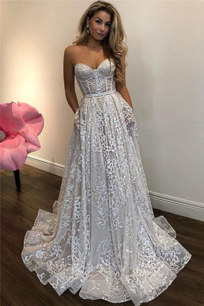 A-line Sweetheart Neck Sleeveless Court Train Evening Dress With Appliques