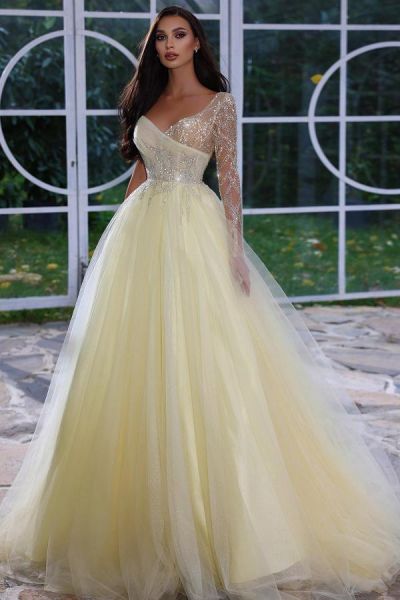 A-line Sweetheart Neck Long Sleeves Floor-length Tulle Formal Wear With Ruffles