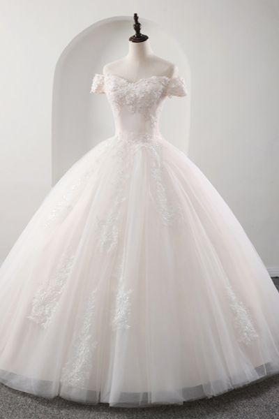 Ball Gown Off-the-shoulder Floor-length Tulle Wedding Dress With Appliques