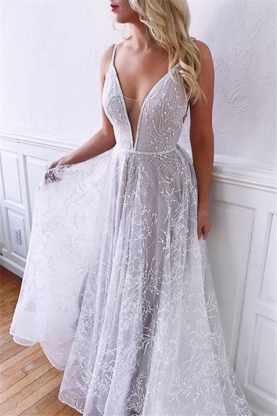A-line Spaghetti Straps Sleeveless Sweep / Brush Train Wedding Gown With Embroidery