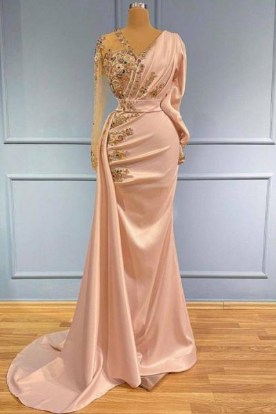 Mermaid V-neck Long Sleeves Floor-length Stretch Satin Formal Dress With Ruffles