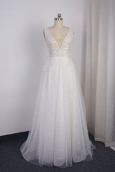 A-line V-neck Sleeveless Floor-length Tulle Wedding Gown With Sequins