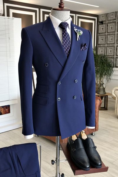 Dark Blue Double Breasted Business Men Suit with Peaked Lapel