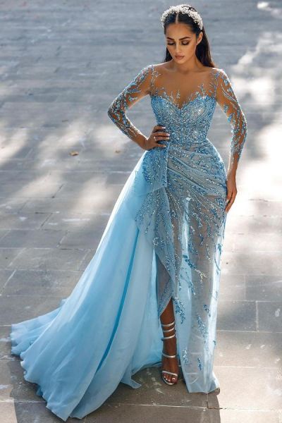 Mermaid Jewel Neck Long Sleeves Floor-length Evening Dress With Ruffles