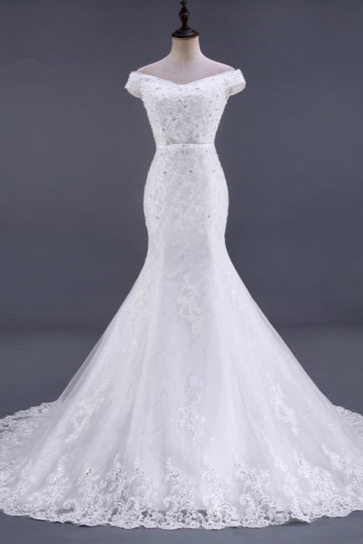 Mermaid Off-the-shoulder Sweetheart Neck Sleeveless Floor-length Tulle Bridal Attire With Lace